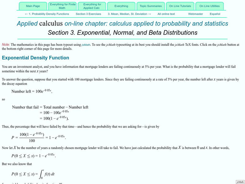Finite Mathematics & Applied Calculus: Exponential, Normal, and Beta Distributions Activity