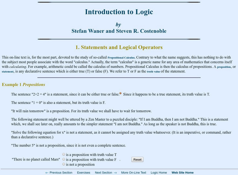 Finite Mathematics & Applied Calculus: Statements and Logical Operators Handout Finite Mathematics & Applied Calculus: Statements and Logical Operators Handout