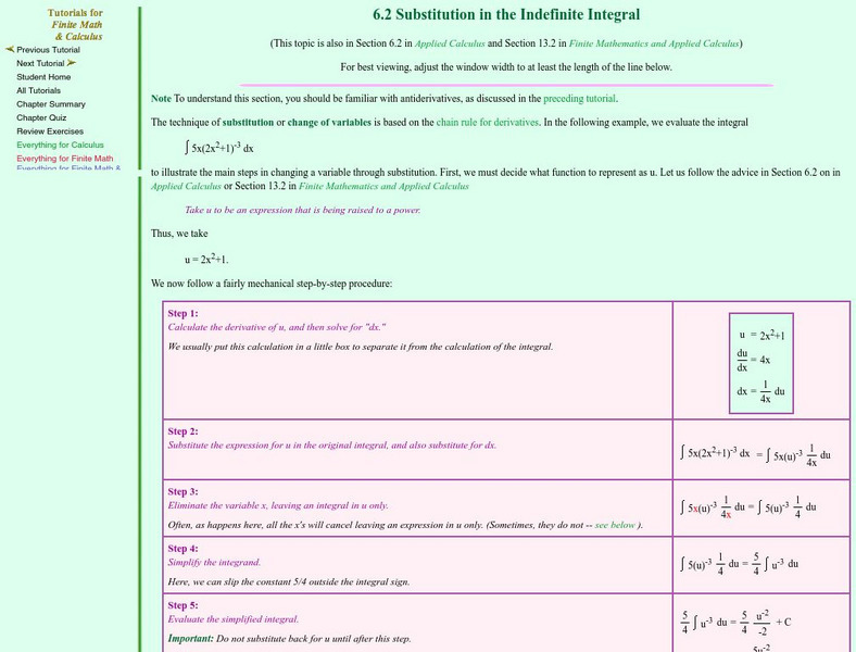 Finite Mathematics & Applied Calculus: Substitution in the Indefinite Integral Activity Finite Mathematics & Applied Calculus: Substitution in the Indefinite Integral Activity
