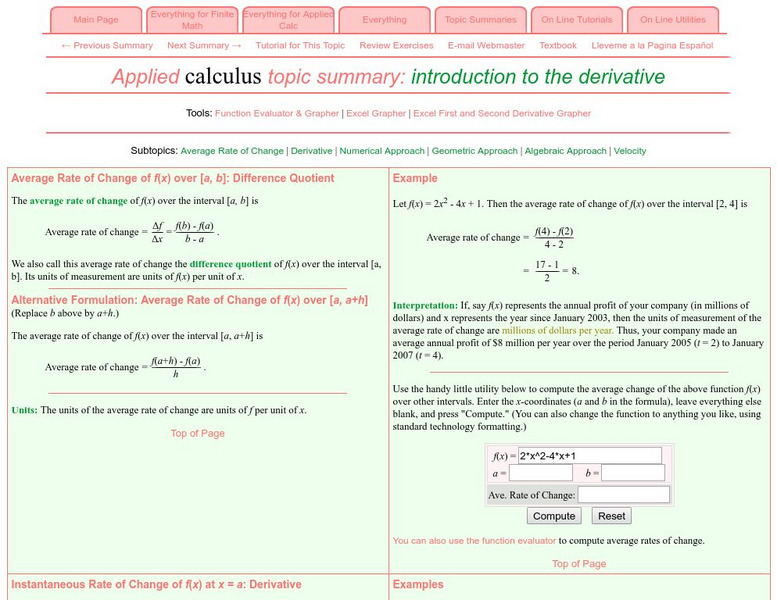 Finite Mathematics & Applied Calculus: Topic Summaries: Introduction to the Derivative Activity Finite Mathematics & Applied Calculus: Topic Summaries: Introduction to the Derivative Activity