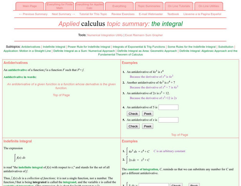 Finite Mathematics & Applied Calculus: Topic Summaries: The Integral Activity Finite Mathematics & Applied Calculus: Topic Summaries: The Integral Activity