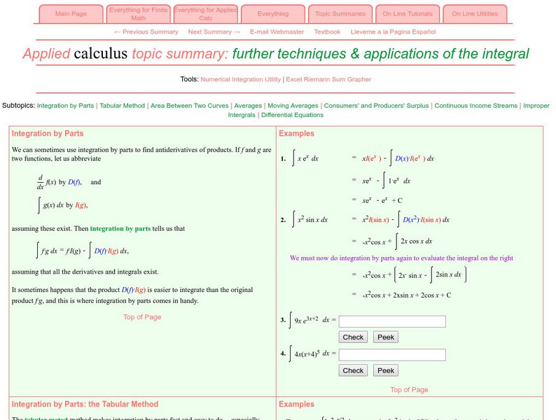 Finite Mathematics & Applied Calculus: Topic Summaries: Techniques and Applications of the Integral Activity Finite Mathematics & Applied Calculus: Topic Summaries: Techniques and Applications of the Integral Activity