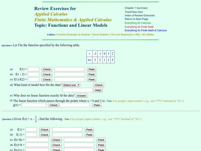 Finite Mathematics & Applied Calculus: Review Exercises: Functions and Linear Models Activity Finite Mathematics & Applied Calculus: Review Exercises: Functions and Linear Models Activity
