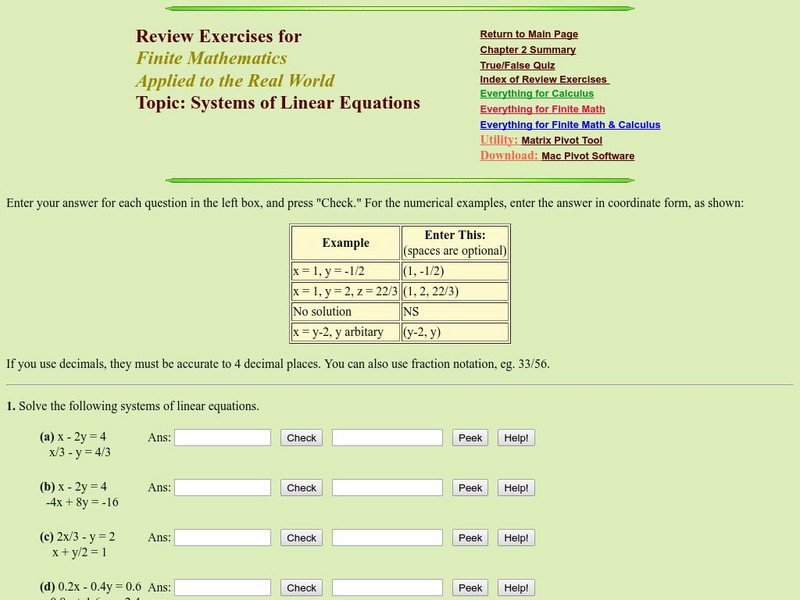 Finite Mathematics & Applied Calculus: Review Exercises: Systems of Linear Equations Activity Finite Mathematics & Applied Calculus: Review Exercises: Systems of Linear Equations Activity