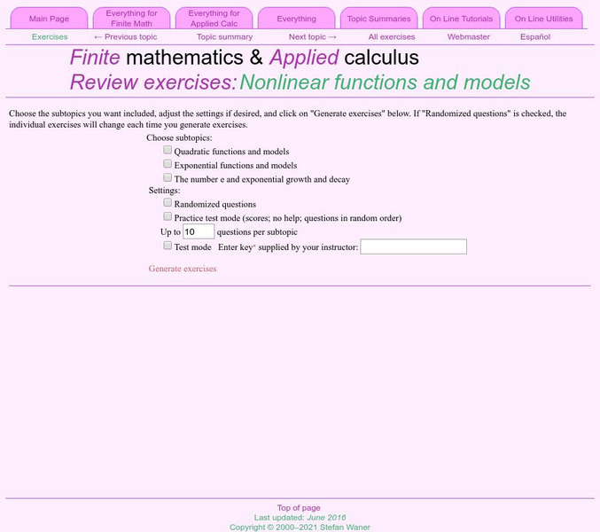 Finite Mathematics & Applied Calculus: Review Exercises: Non Linear Models Unknown Type Finite Mathematics & Applied Calculus: Review Exercises: Non Linear Models Unknown Type