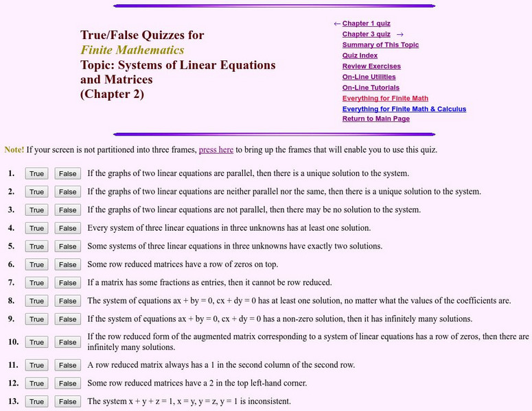 Finite Mathematics & Applied Calculus: Quiz: Systems of Linear Equations Unknown Type Finite Mathematics & Applied Calculus: Quiz: Systems of Linear Equations Unknown Type