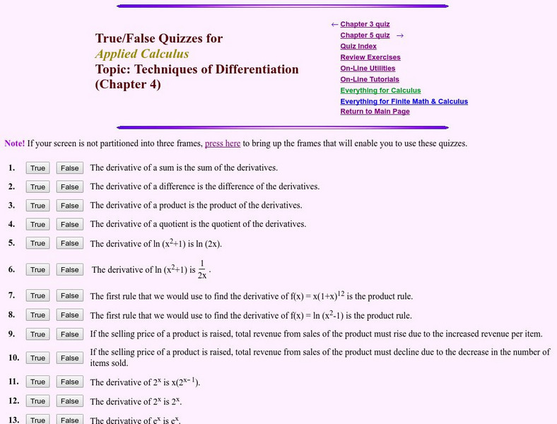 Finite Mathematics & Applied Calculus: Quiz: Techniques of Differentiation Unknown Type