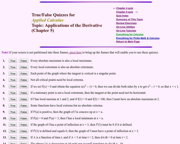 Finite Mathematics & Applied Calculus: Quiz: Applications of the Derivative. Unknown Type