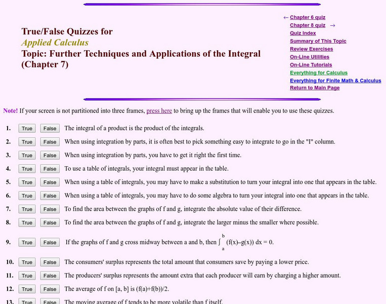 Finite Mathematics & Applied Calculus: Quiz: Techniques and Applications of the Integral Unknown Type Finite Mathematics & Applied Calculus: Quiz: Techniques and Applications of the Integral Unknown Type