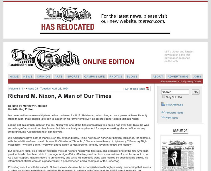 Mit: The Tech: Richard M. Nixon, a Man of Our Times Article