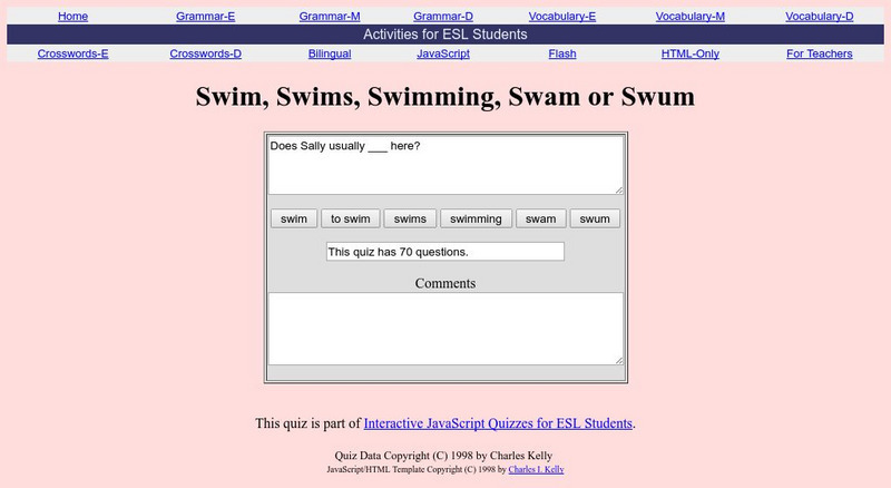 Activities for Esl Students: Esl Quiz on Verb Swim Unknown Type Activities for Esl Students: Esl Quiz on Verb Swim Unknown Type