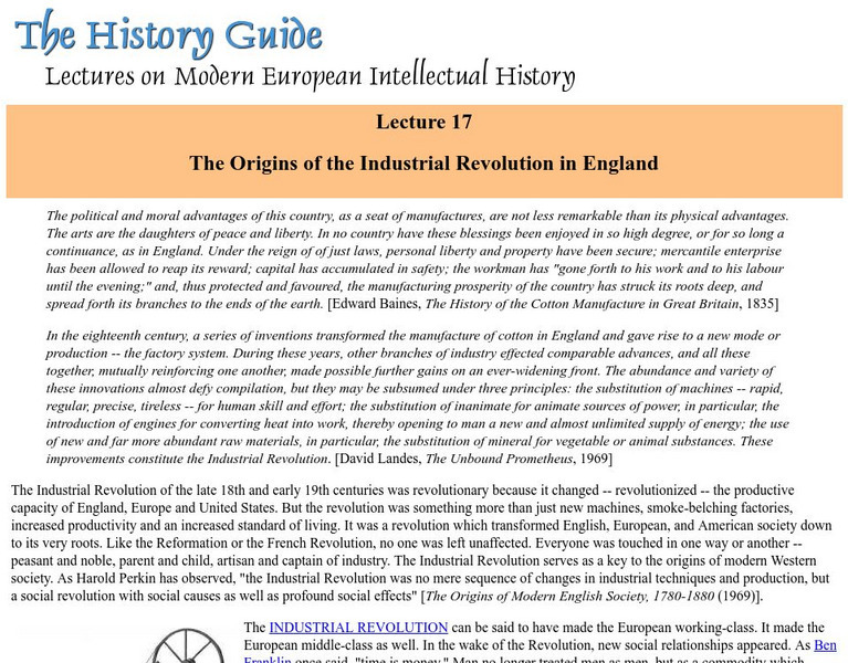 The History Guide: The Origins of the Industrial Revolution in England Handout The History Guide: The Origins of the Industrial Revolution in England Handout