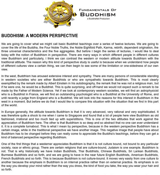 Buddha Net: Buddhism: A Modern Perspective Article