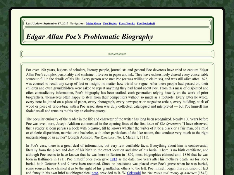 Edgar Allan Poe Society of Baltimore: Edgar Allan Poe's Problematic Biography Website Edgar Allan Poe Society of Baltimore: Edgar Allan Poe's Problematic Biography Website