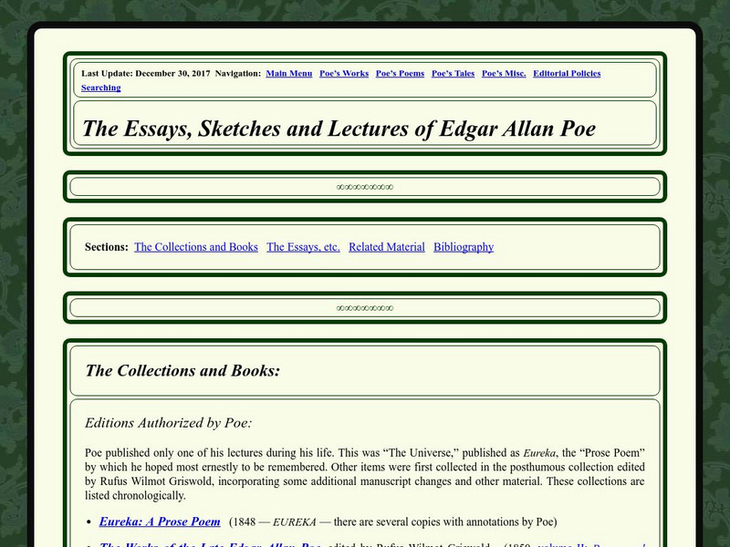 Edgar Allan Poe Society of Baltimore: Poe's Essays and Sketches Unit Plan Edgar Allan Poe Society of Baltimore: Poe's Essays and Sketches Unit Plan