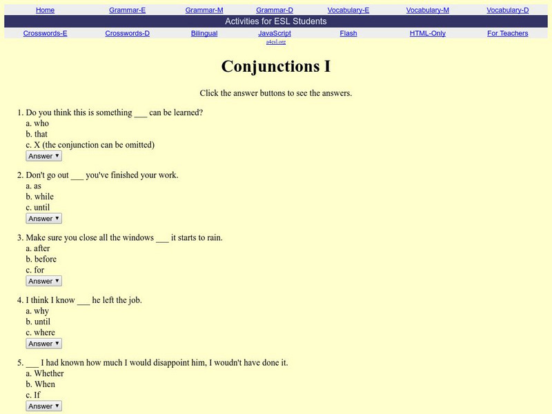 Activities for Esl Students: Conjunctions 1 Unknown Type Activities for Esl Students: Conjunctions 1 Unknown Type