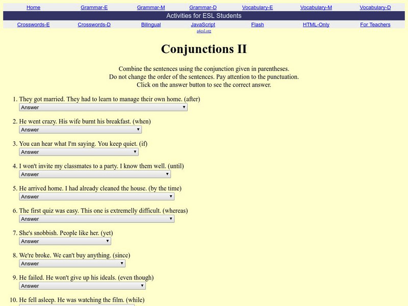 Activities for Esl Students: Esl Quizzes Conjunctions 2 Unknown Type Activities for Esl Students: Esl Quizzes Conjunctions 2 Unknown Type