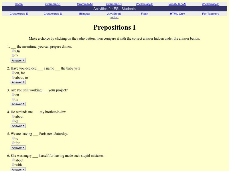 Activities for Esl Students: Prepositions 1 Unknown Type Activities for Esl Students: Prepositions 1 Unknown Type