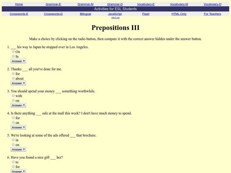 Activities for Esl Students: Prepositions 3 Unknown Type Activities for Esl Students: Prepositions 3 Unknown Type