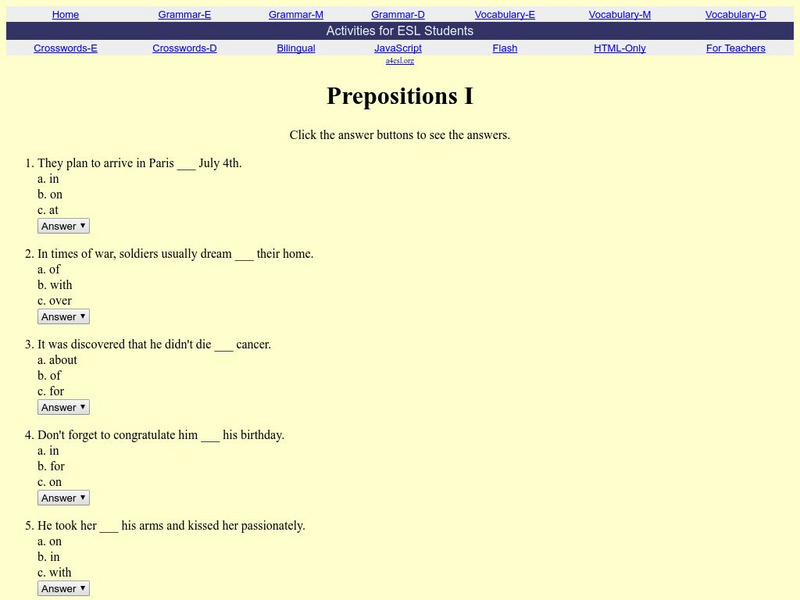 Activities for Esl Students: Prepositions Level 1 Unknown Type Activities for Esl Students: Prepositions Level 1 Unknown Type