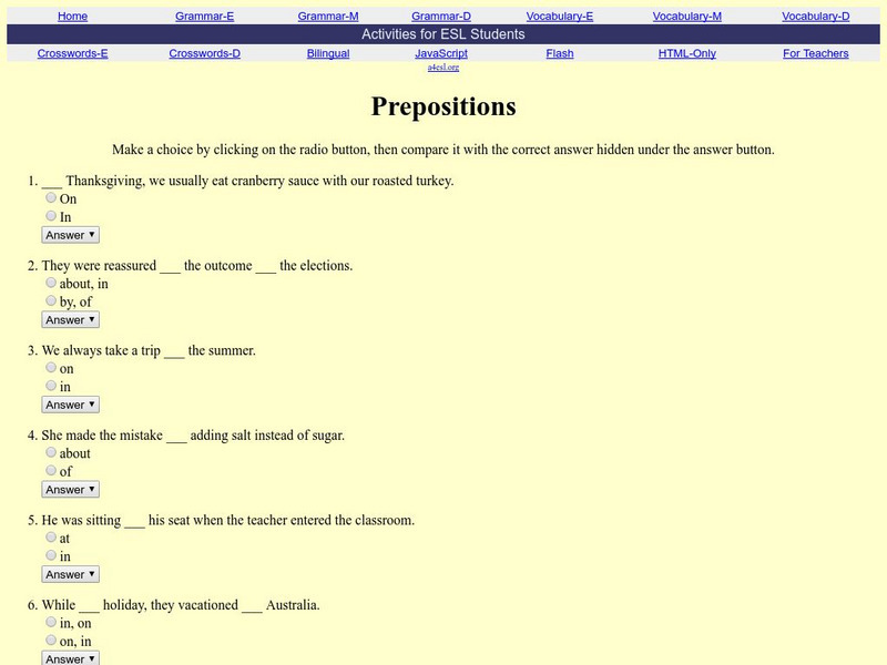 Activities for Esl Students: Prepositions Unknown Type Activities for Esl Students: Prepositions Unknown Type