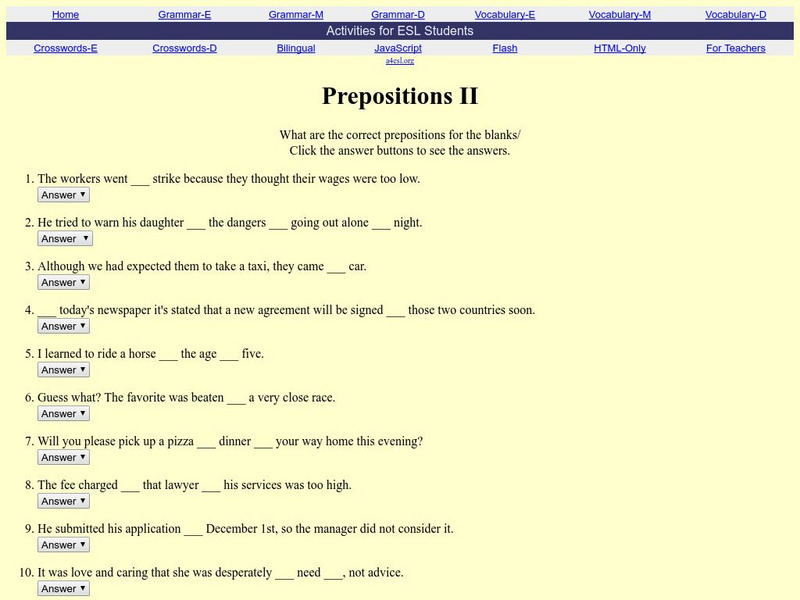 Activities for Esl Students: Prepositions Level 2 Unknown Type Activities for Esl Students: Prepositions Level 2 Unknown Type
