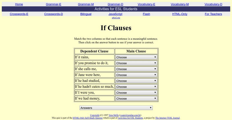 Activities for Esl Students: If Clause Quiz Unknown Type Activities for Esl Students: If Clause Quiz Unknown Type