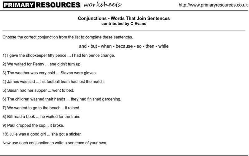Primary Resources Worksheets: Conjunctions Words That Join Sentences Unknown Type Primary Resources Worksheets: Conjunctions Words That Join Sentences Unknown Type