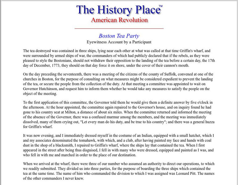 The History Place: Boston Tea Party: Eyewitness Account by a Participant Primary The History Place: Boston Tea Party: Eyewitness Account by a Participant Primary