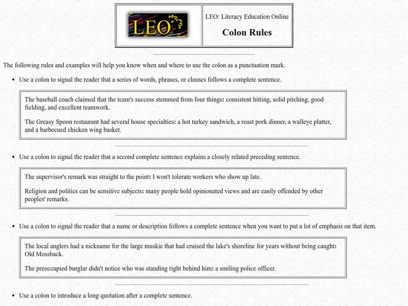 Literacy Education Online: Colon Rules Handout Literacy Education Online: Colon Rules Handout