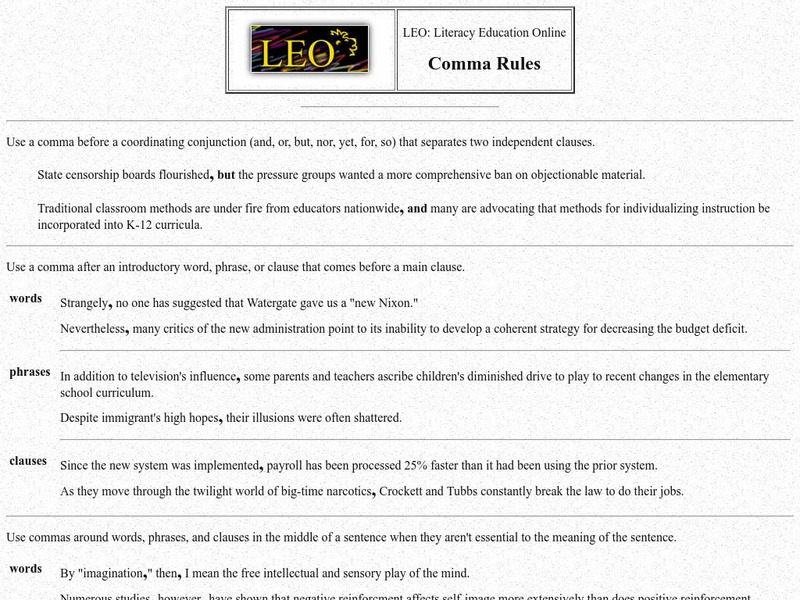 Literacy Education Online: Comma Rules Handout Literacy Education Online: Comma Rules Handout