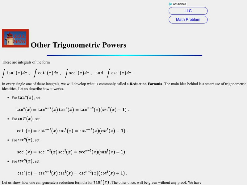 S.o.s. Math: Other Trigonometric Powers Activity S.o.s. Math: Other Trigonometric Powers Activity
