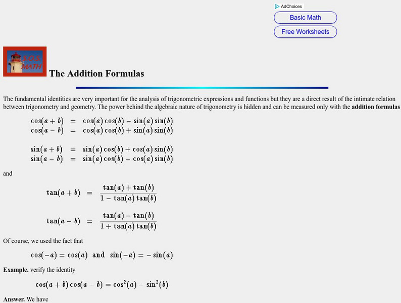 S.o.s. Math: Trigonometry: The Addition Formulas Handout S.o.s. Math: Trigonometry: The Addition Formulas Handout