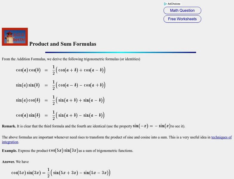 S.o.s. Math: Product and Sum Formulas Activity S.o.s. Math: Product and Sum Formulas Activity