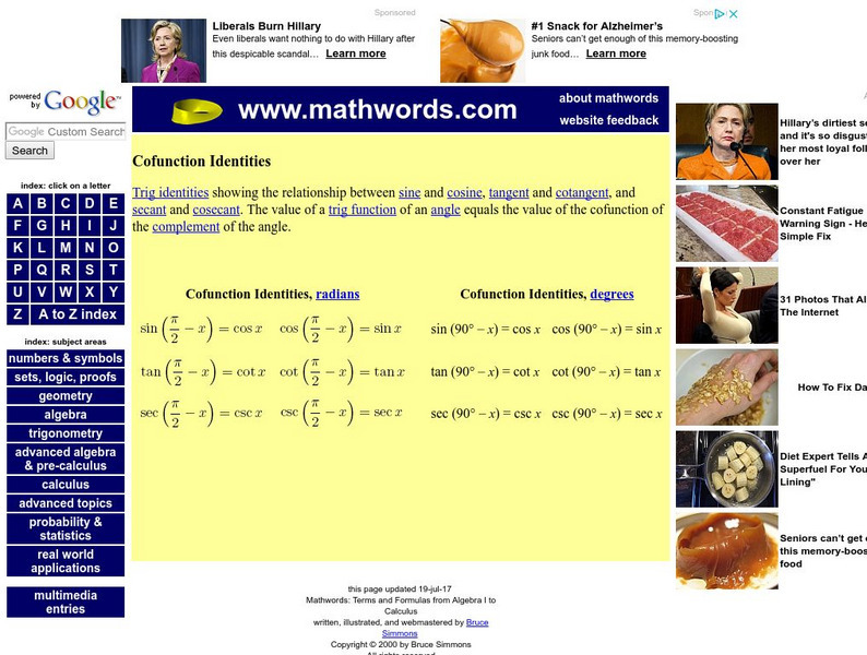 Math Words: Cofunction Identities Handout Math Words: Cofunction Identities Handout