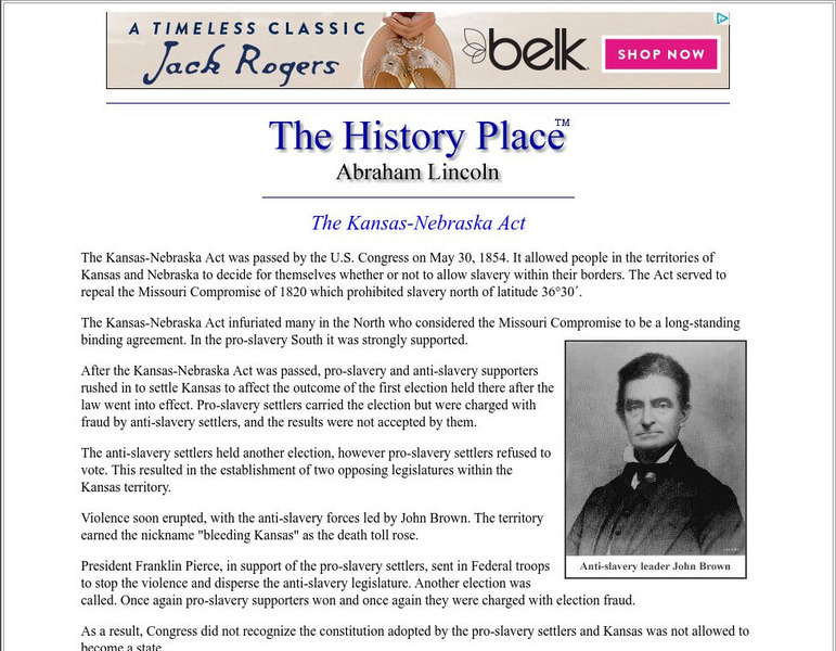The History Place: The Kansas Nebraska Act Handout The History Place: The Kansas Nebraska Act Handout
