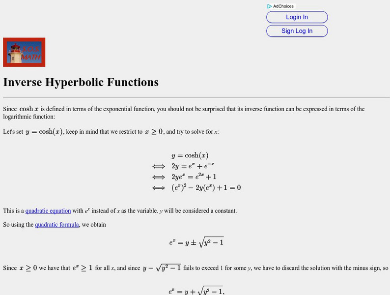 S.o.s. Math: Inverse Hyperbolic Functions Activity S.o.s. Math: Inverse Hyperbolic Functions Activity