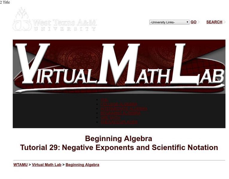 Wtamu Virtual Math Lab: Beginning Algebra: Negative Exponents Unit Plan Wtamu Virtual Math Lab: Beginning Algebra: Negative Exponents Unit Plan