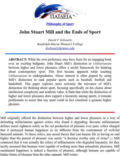 Boston University: John Stuart Mill and the Ends of Sport Article Boston University: John Stuart Mill and the Ends of Sport Article