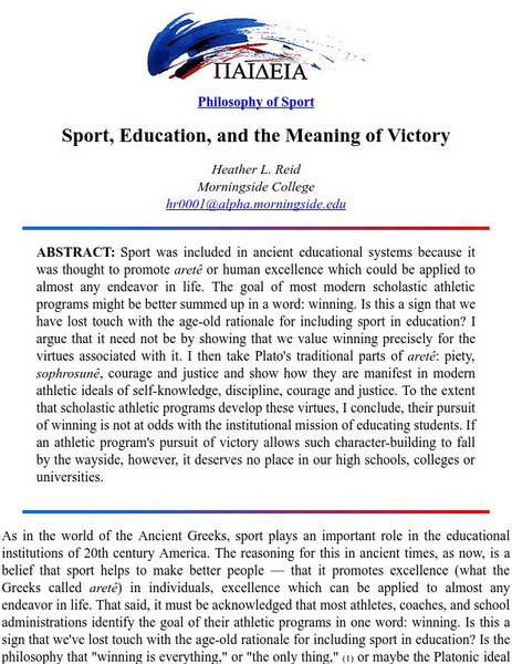 Boston University: Sport, Education, and the Meaning of Victory Article Boston University: Sport, Education, and the Meaning of Victory Article