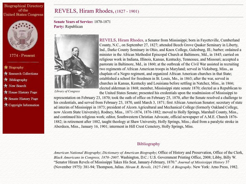 Loc: Biographical Directory of the u.s. Congress: Hiram Revels Handout Loc: Biographical Directory of the u.s. Congress: Hiram Revels Handout