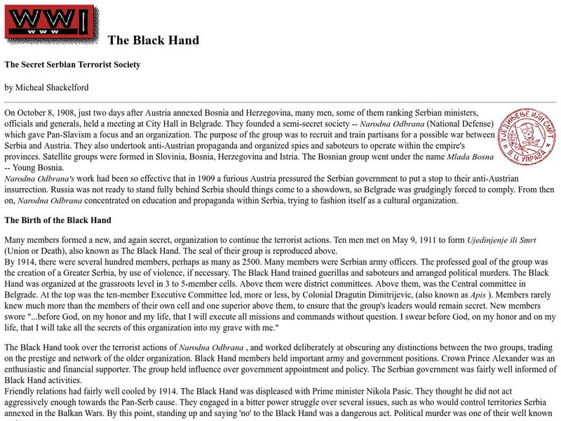 Byu: Wwi Document Archive: The Black Hand: The Secret Serbian Terrorist Society Website