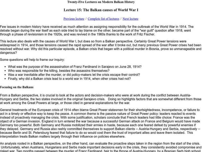 Michigan State University: Modern Balkan History: Balkan Causes of World War I Website Michigan State University: Modern Balkan History: Balkan Causes of World War I Website