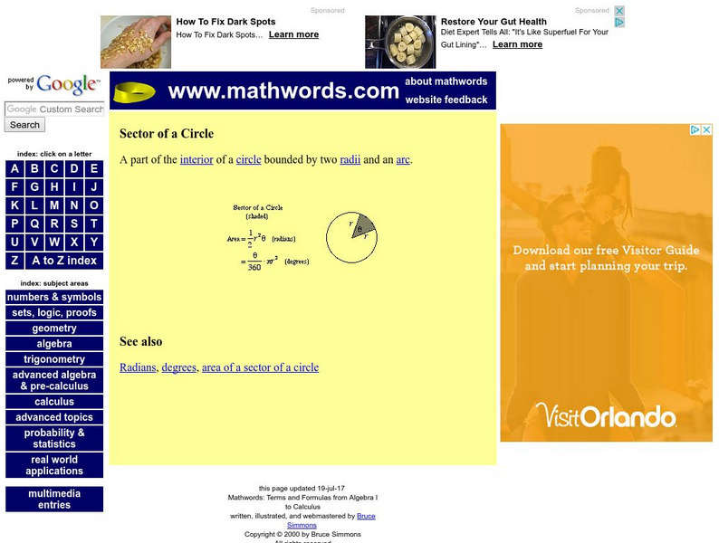 Math Words: Sector of a Circle Handout Math Words: Sector of a Circle Handout
