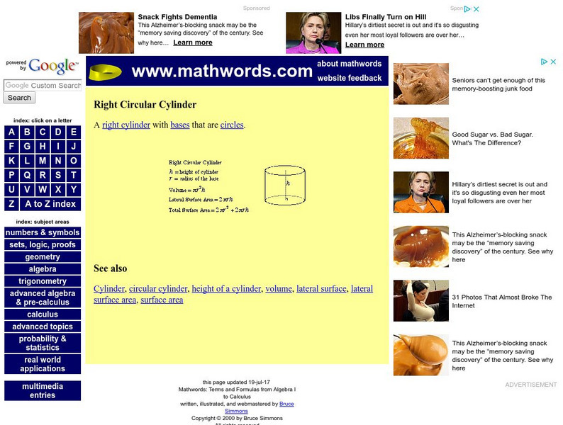 Math Words: Right Circular Cylinder Handout Math Words: Right Circular Cylinder Handout