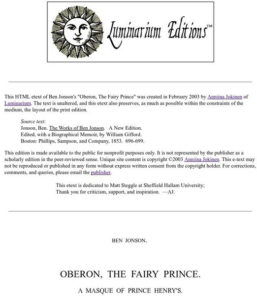 Luminarium: Oberon, the Fairy Prince by Ben Jonson eBook Luminarium: Oberon, the Fairy Prince by Ben Jonson eBook