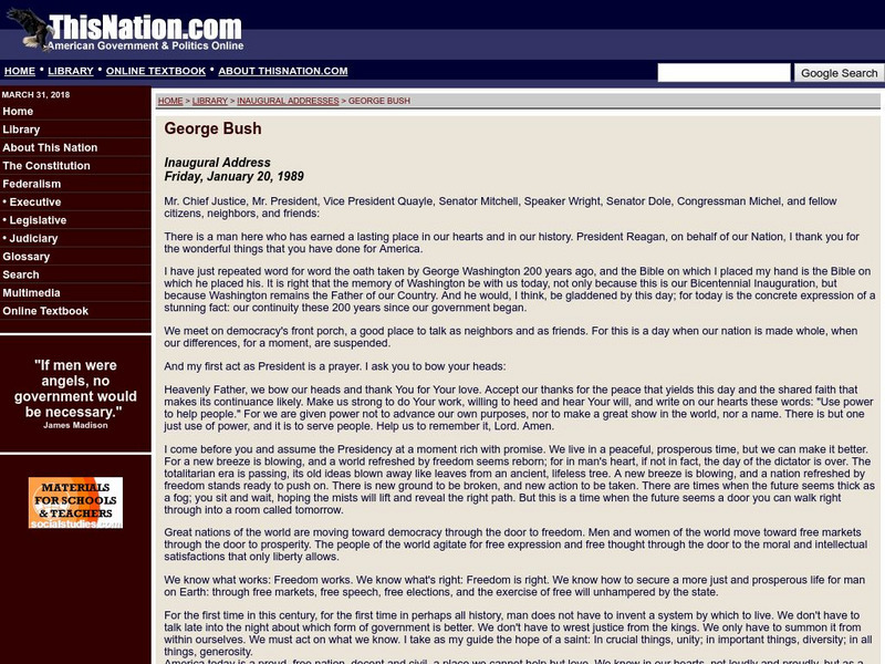 This Nation: George H. W. Bush's Inaugural Address, January 20, 1989 Primary This Nation: George H. W. Bush's Inaugural Address, January 20, 1989 Primary