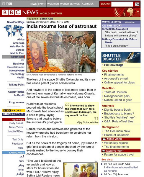 Bbc: India Mourns Loss of Astronaut Website Bbc: India Mourns Loss of Astronaut Website
