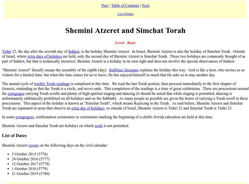 Mechon Mamre: Shemini Atzeret and Simkhat Torah Article Mechon Mamre: Shemini Atzeret and Simkhat Torah Article