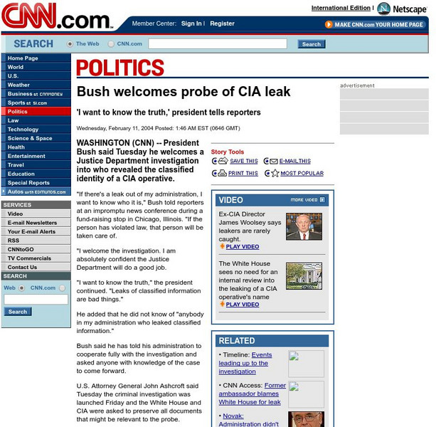 Cnn: Bush Welcomes Probe of Cia Leak Article Cnn: Bush Welcomes Probe of Cia Leak Article